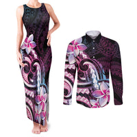 Polynesian Art Tattoo Couples Matching Tank Maxi Dress and Long Sleeve Button Shirt Plumeria Flowers Pink Gradient LT05 Pink - Polynesian Pride