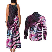 Polynesian Art Tattoo Couples Matching Tank Maxi Dress and Long Sleeve Button Shirt Plumeria Flowers Pink Gradient LT05 - Polynesian Pride