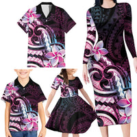 Polynesian Art Tattoo Family Matching Long Sleeve Bodycon Dress and Hawaiian Shirt Plumeria Flowers Pink Gradient LT05 - Polynesian Pride