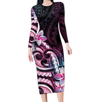 Polynesian Art Tattoo Family Matching Long Sleeve Bodycon Dress and Hawaiian Shirt Plumeria Flowers Pink Gradient LT05 Mom's Dress Pink - Polynesian Pride