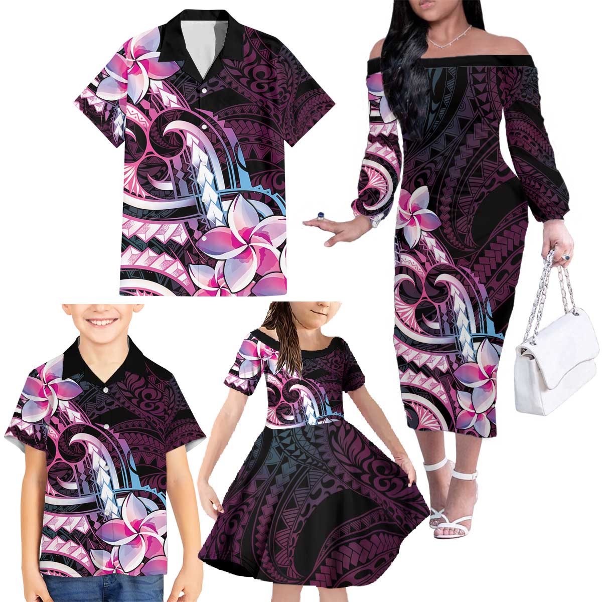 Polynesian Art Tattoo Family Matching Off The Shoulder Long Sleeve Dress and Hawaiian Shirt Plumeria Flowers Pink Gradient LT05 - Polynesian Pride