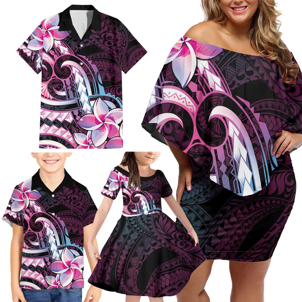 Polynesian Art Tattoo Family Matching Off Shoulder Short Dress and Hawaiian Shirt Plumeria Flowers Pink Gradient