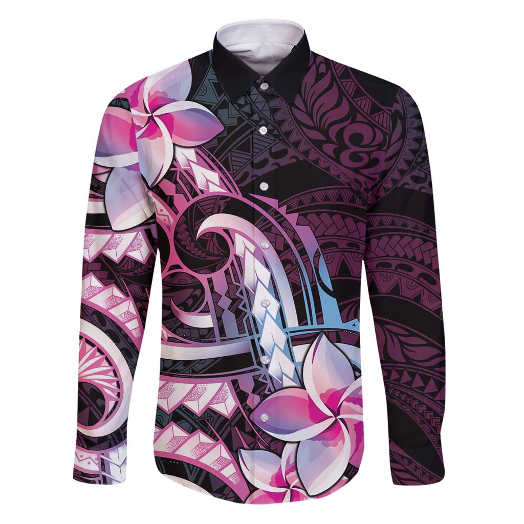 Polynesian Art Tattoo Family Matching Puletasi and Hawaiian Shirt Plumeria Flowers Pink Gradient LT05 Dad's Shirt - Long Sleeve Pink - Polynesian Pride