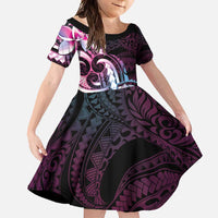 Polynesian Art Tattoo Family Matching Short Sleeve Bodycon Dress and Hawaiian Shirt Plumeria Flowers Pink Gradient LT05 Daughter's Dress Pink - Polynesian Pride