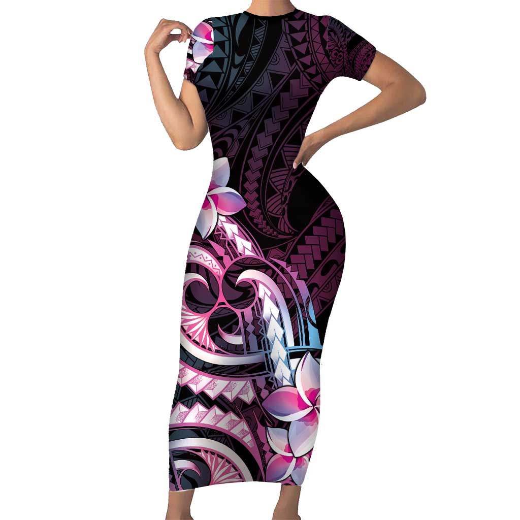 Polynesian Art Tattoo Family Matching Short Sleeve Bodycon Dress and Hawaiian Shirt Plumeria Flowers Pink Gradient LT05 Mom's Dress Pink - Polynesian Pride