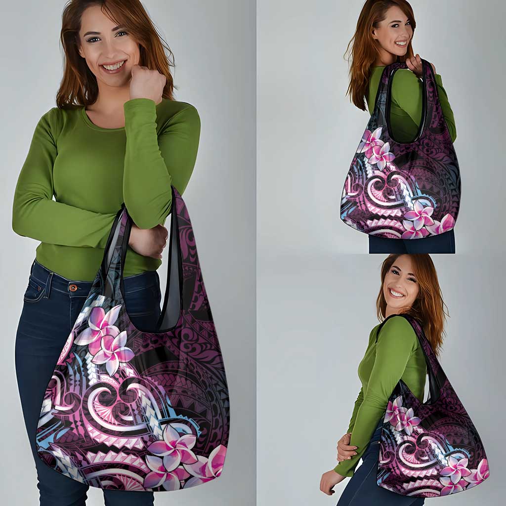 Polynesian Art Tattoo Grocery Bag Plumeria Flowers Pink Gradient