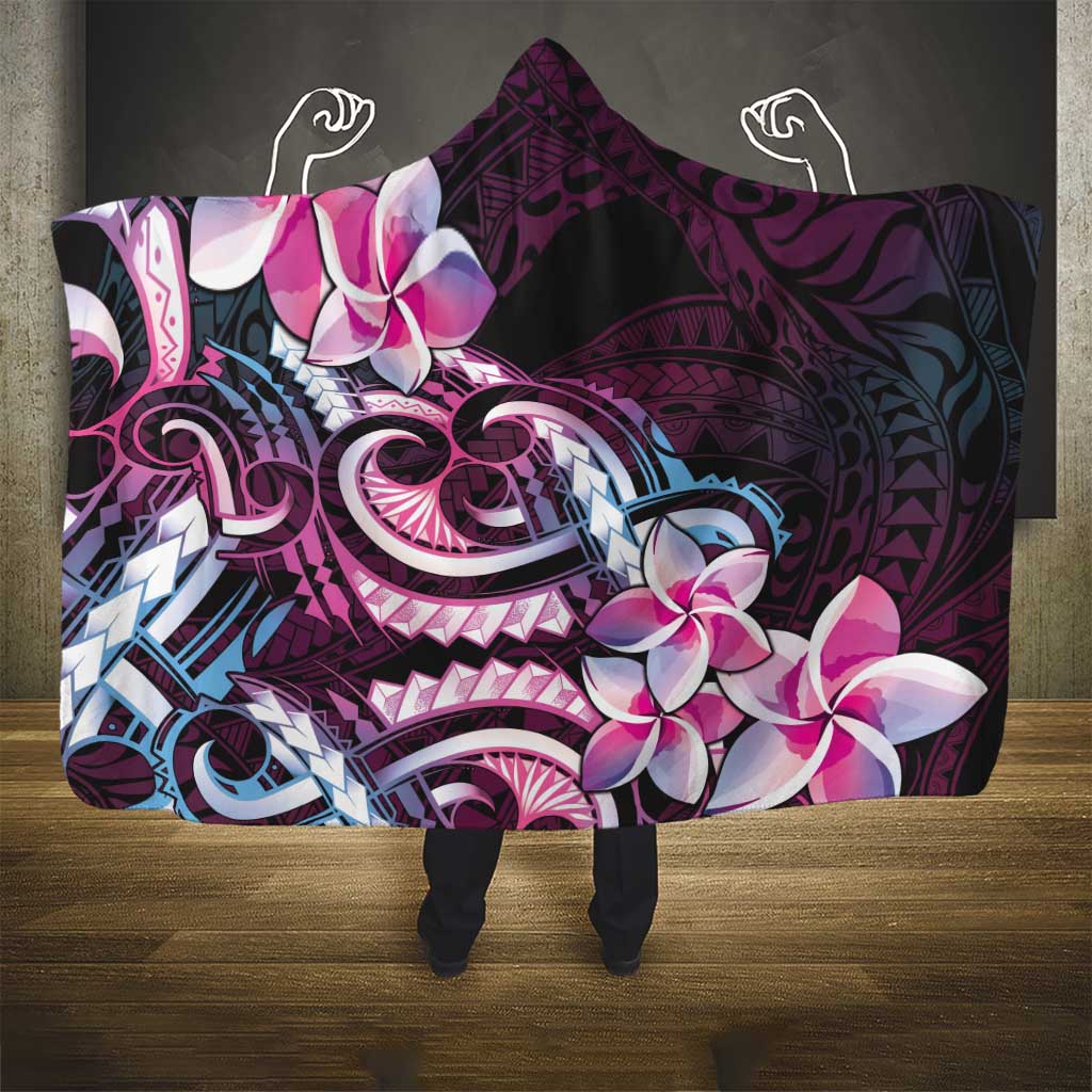Polynesian Art Tattoo Hooded Blanket Plumeria Flowers Pink Gradient