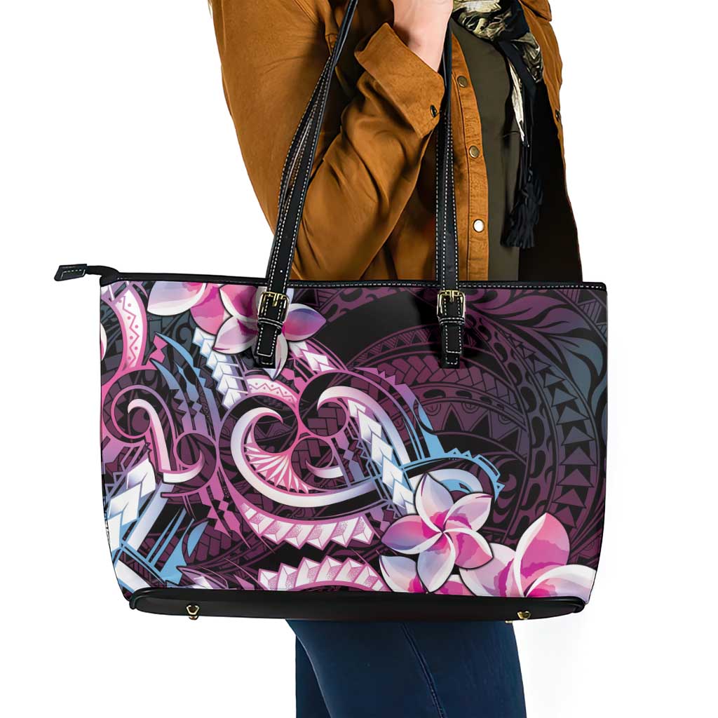 Polynesian Art Tattoo Leather Tote Bag Plumeria Flowers Pink Gradient