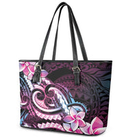 Polynesian Art Tattoo Leather Tote Bag Plumeria Flowers Pink Gradient