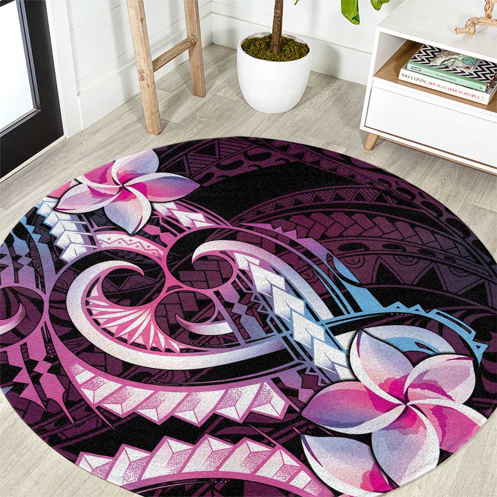 Polynesian Art Tattoo Round Carpet Plumeria Flowers Pink Gradient