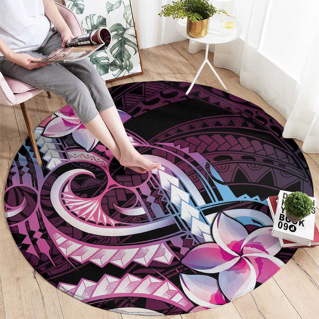 Polynesian Art Tattoo Round Carpet Plumeria Flowers Pink Gradient