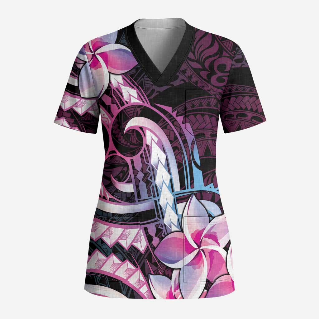 Polynesian Art Tattoo Scrub Top Plumeria Flowers Pink Gradient - Polynesian Pride