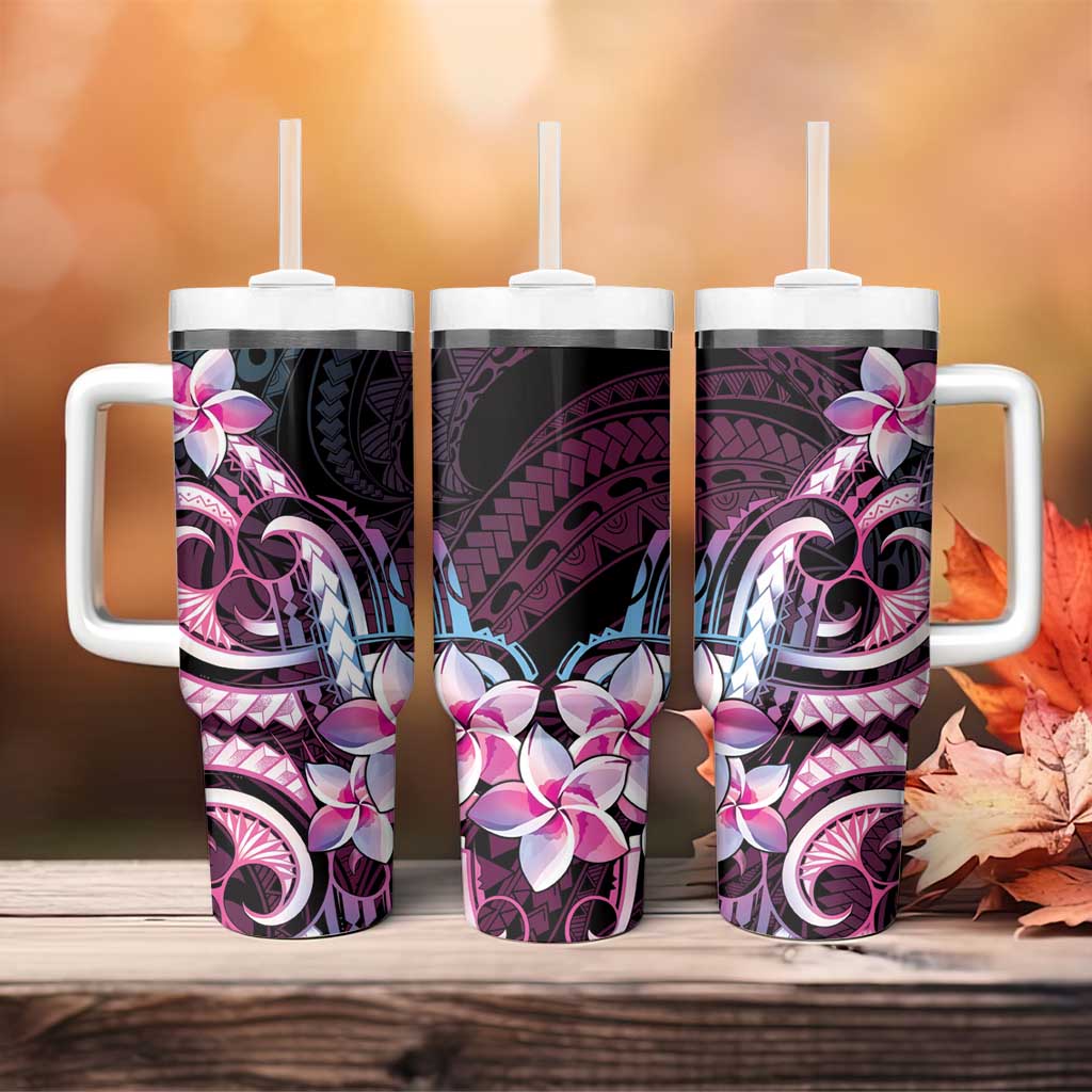 Polynesian Art Tattoo Tumbler With Handle Plumeria Flowers Pink Gradient