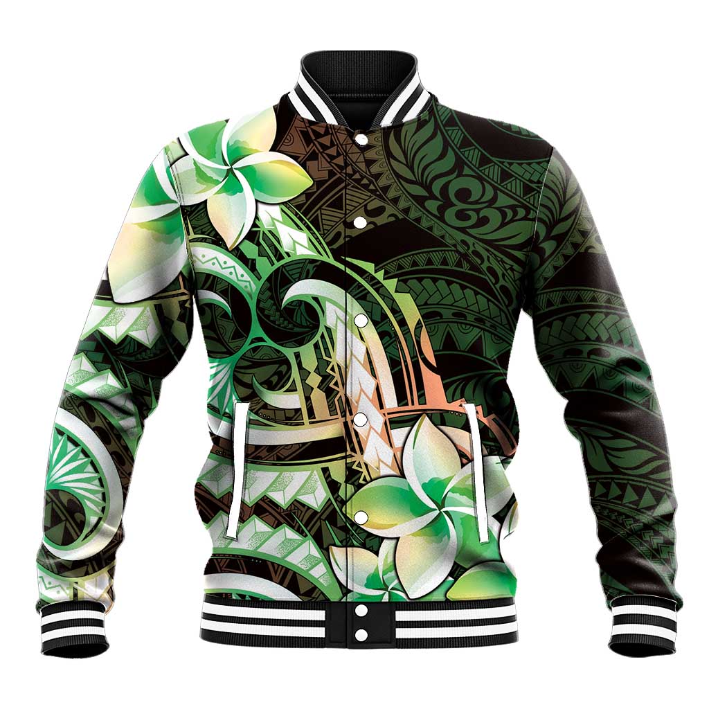 Polynesian Art Tattoo Baseball Jacket Plumeria Flowers Green Gradient