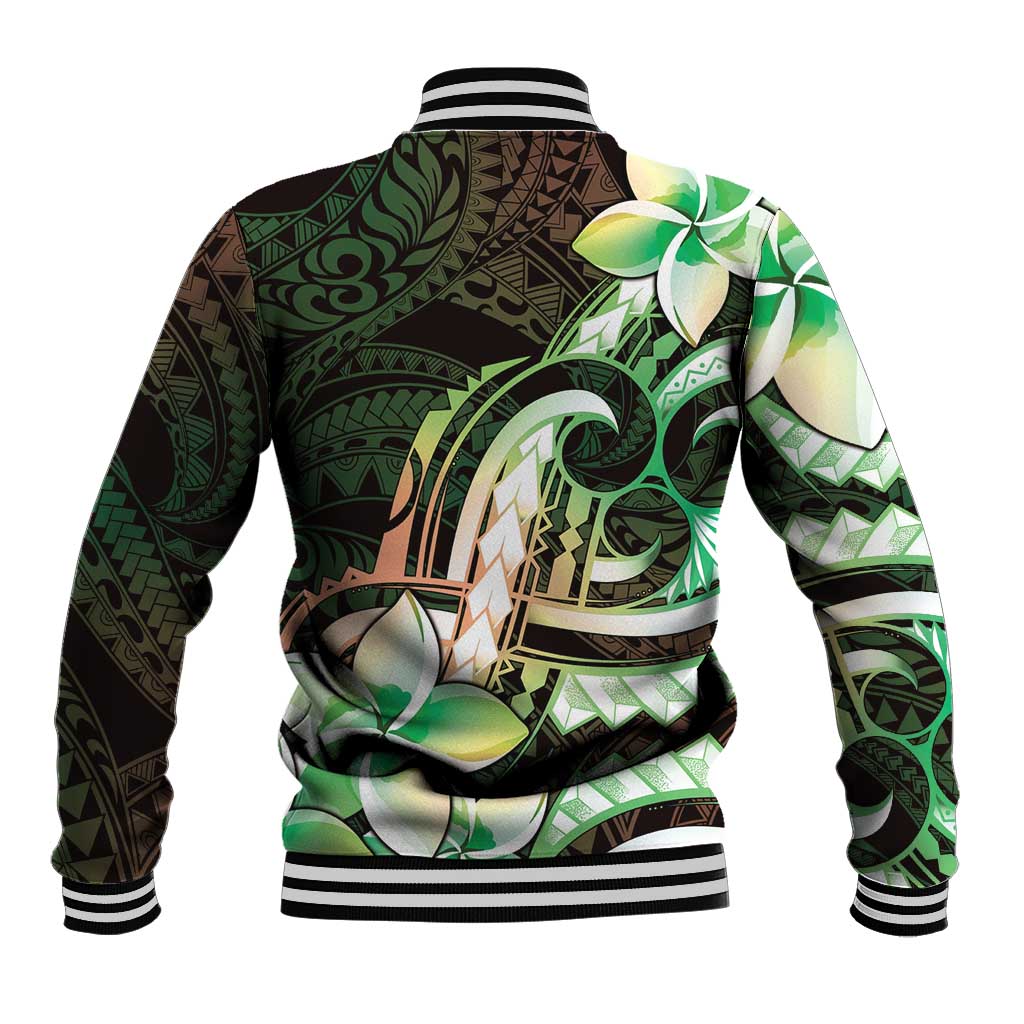 Polynesian Art Tattoo Baseball Jacket Plumeria Flowers Green Gradient