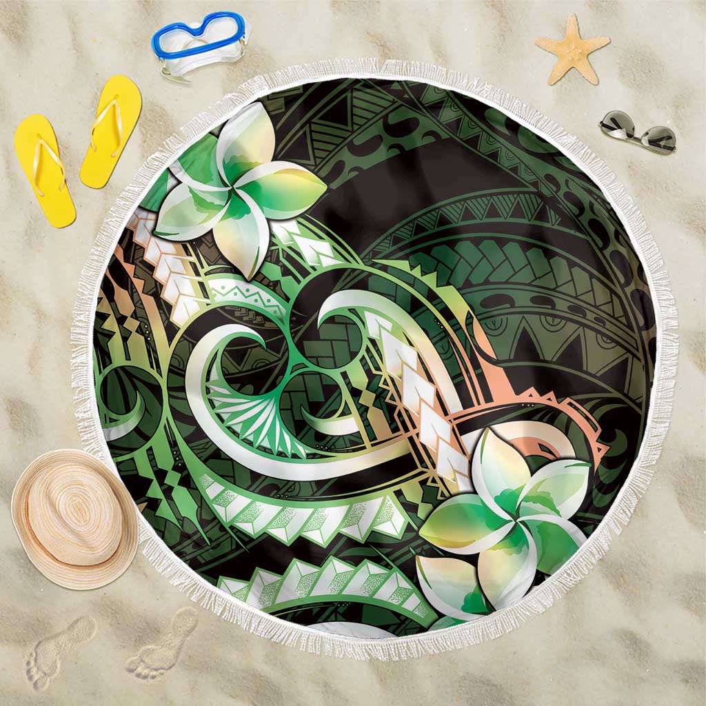 Polynesian Art Tattoo Beach Blanket Plumeria Flowers Green Gradient
