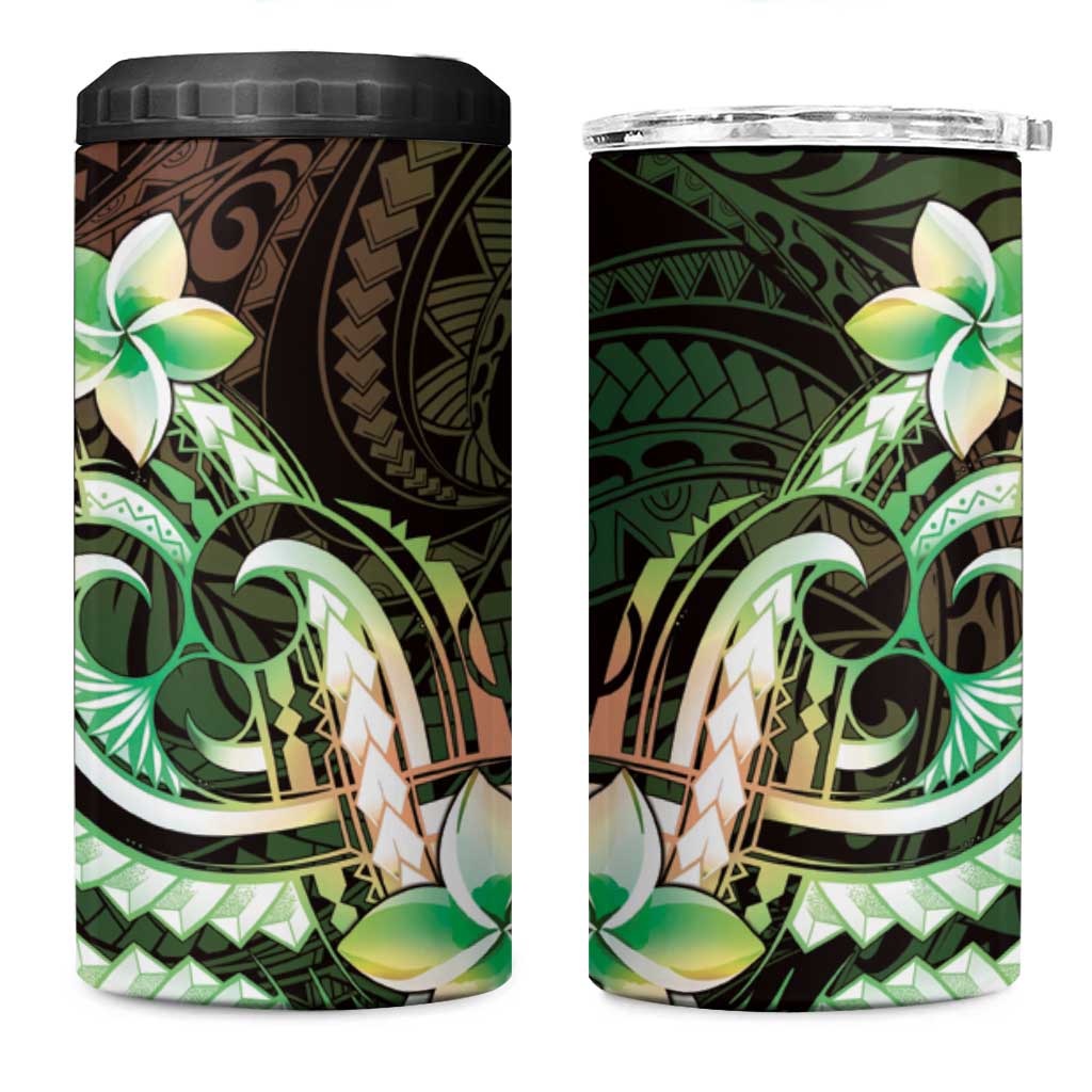 Polynesian Art Tattoo 4 in 1 Can Cooler Tumbler Plumeria Flowers Green Gradient