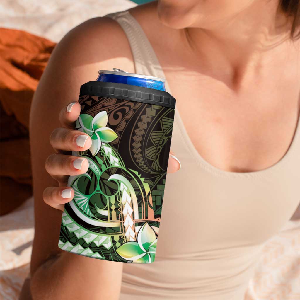 Polynesian Art Tattoo 4 in 1 Can Cooler Tumbler Plumeria Flowers Green Gradient