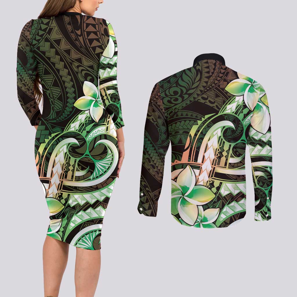 Polynesian Art Tattoo Couples Matching Long Sleeve Bodycon Dress and Long Sleeve Button Shirt Plumeria Flowers Green Gradient