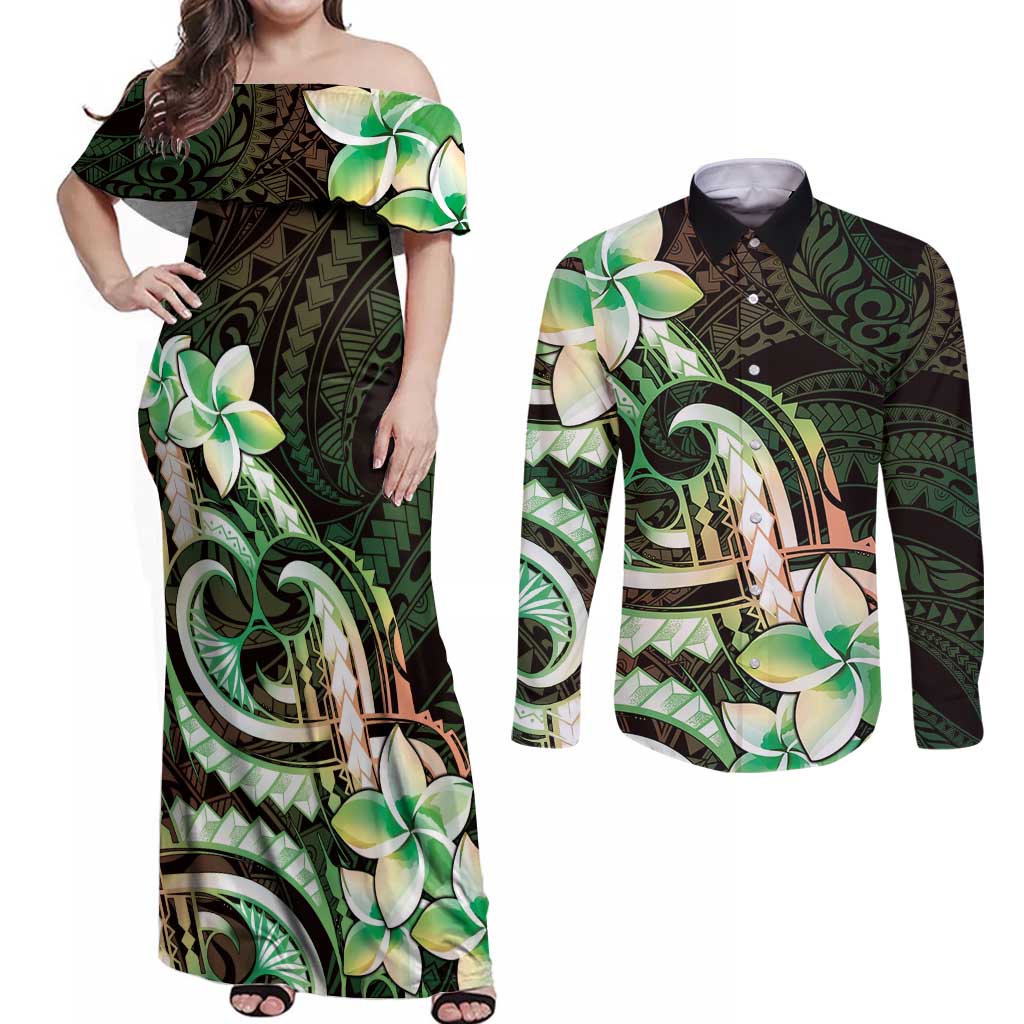 Polynesian Art Tattoo Couples Matching Off Shoulder Maxi Dress and Long Sleeve Button Shirt Plumeria Flowers Green Gradient