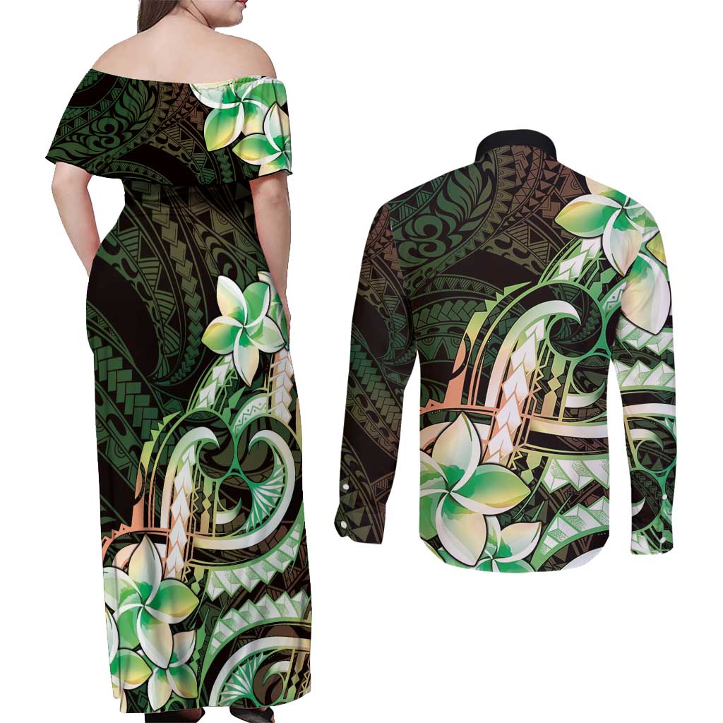 Polynesian Art Tattoo Couples Matching Off Shoulder Maxi Dress and Long Sleeve Button Shirt Plumeria Flowers Green Gradient