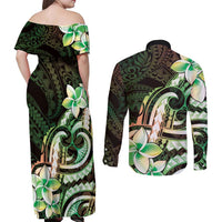 Polynesian Art Tattoo Couples Matching Off Shoulder Maxi Dress and Long Sleeve Button Shirt Plumeria Flowers Green Gradient