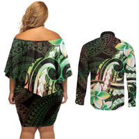 Polynesian Art Tattoo Couples Matching Off Shoulder Short Dress and Long Sleeve Button Shirt Plumeria Flowers Green Gradient LT05 - Polynesian Pride