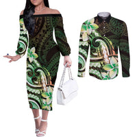 Polynesian Art Tattoo Couples Matching Off The Shoulder Long Sleeve Dress and Long Sleeve Button Shirt Plumeria Flowers Green Gradient