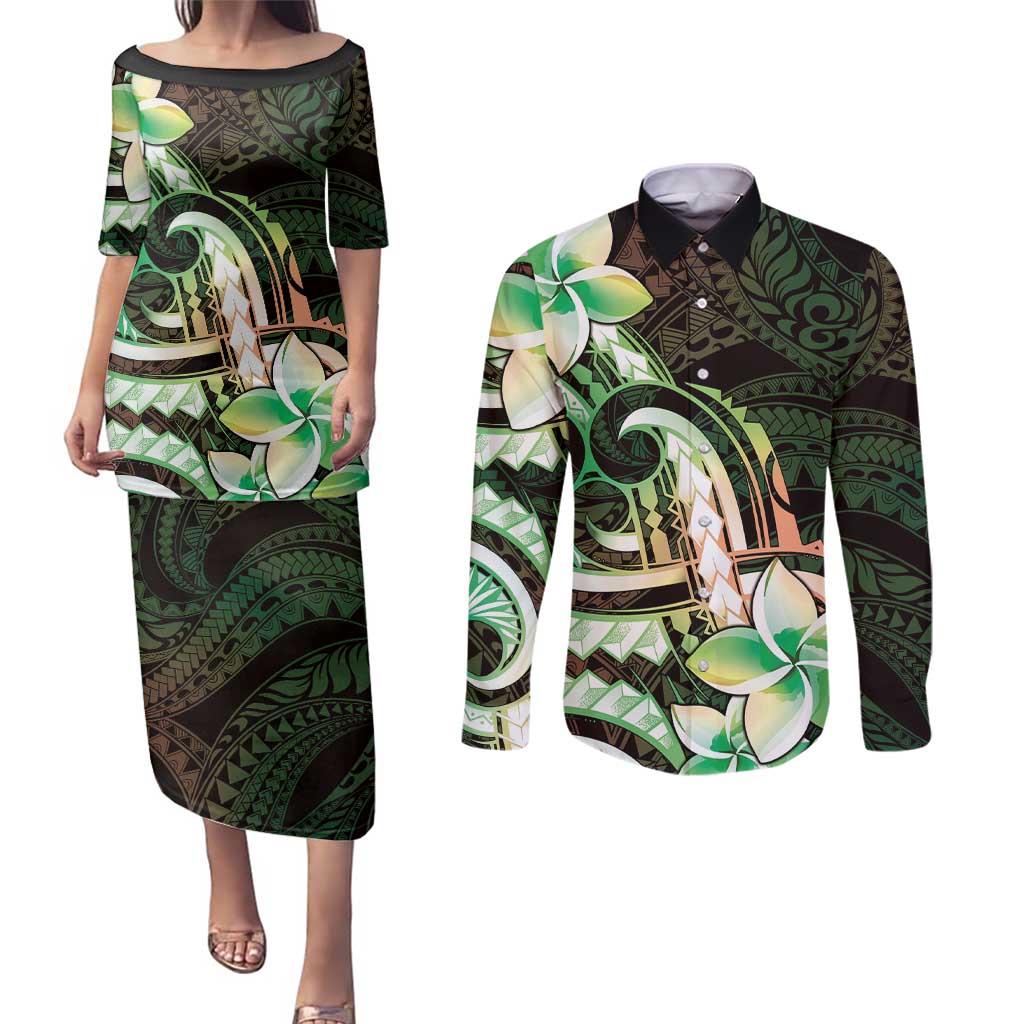 Polynesian Art Tattoo Couples Matching Puletasi and Long Sleeve Button Shirt Plumeria Flowers Green Gradient