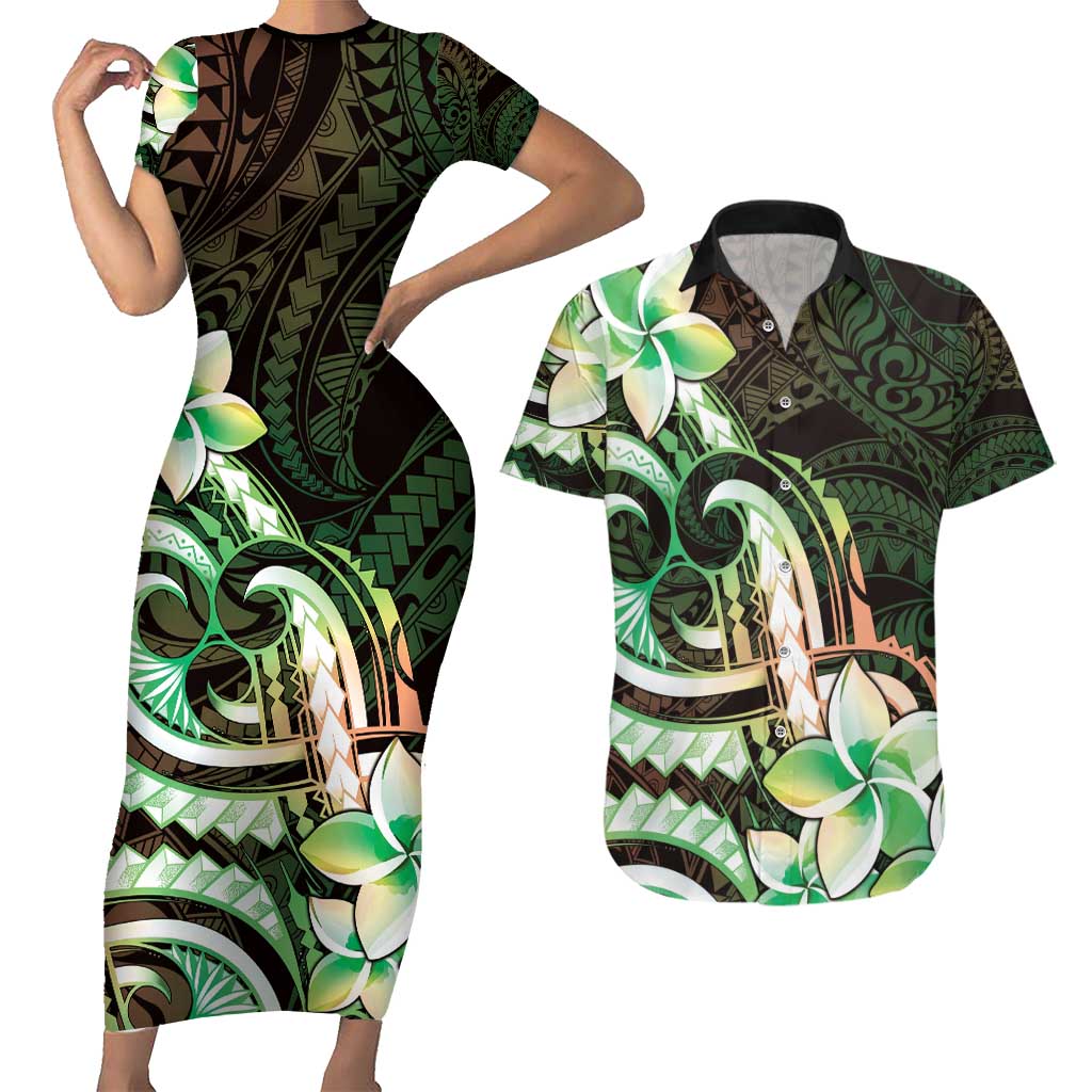 Polynesian Art Tattoo Couples Matching Short Sleeve Bodycon Dress and Hawaiian Shirt Plumeria Flowers Green Gradient LT05 Green - Polynesian Pride