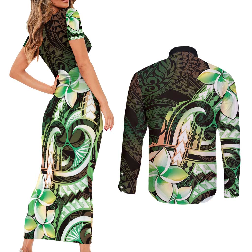 Polynesian Art Tattoo Couples Matching Short Sleeve Bodycon Dress and Long Sleeve Button Shirt Plumeria Flowers Green Gradient