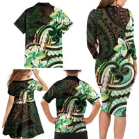 Polynesian Art Tattoo Family Matching Long Sleeve Bodycon Dress and Hawaiian Shirt Plumeria Flowers Green Gradient LT05 - Polynesian Pride