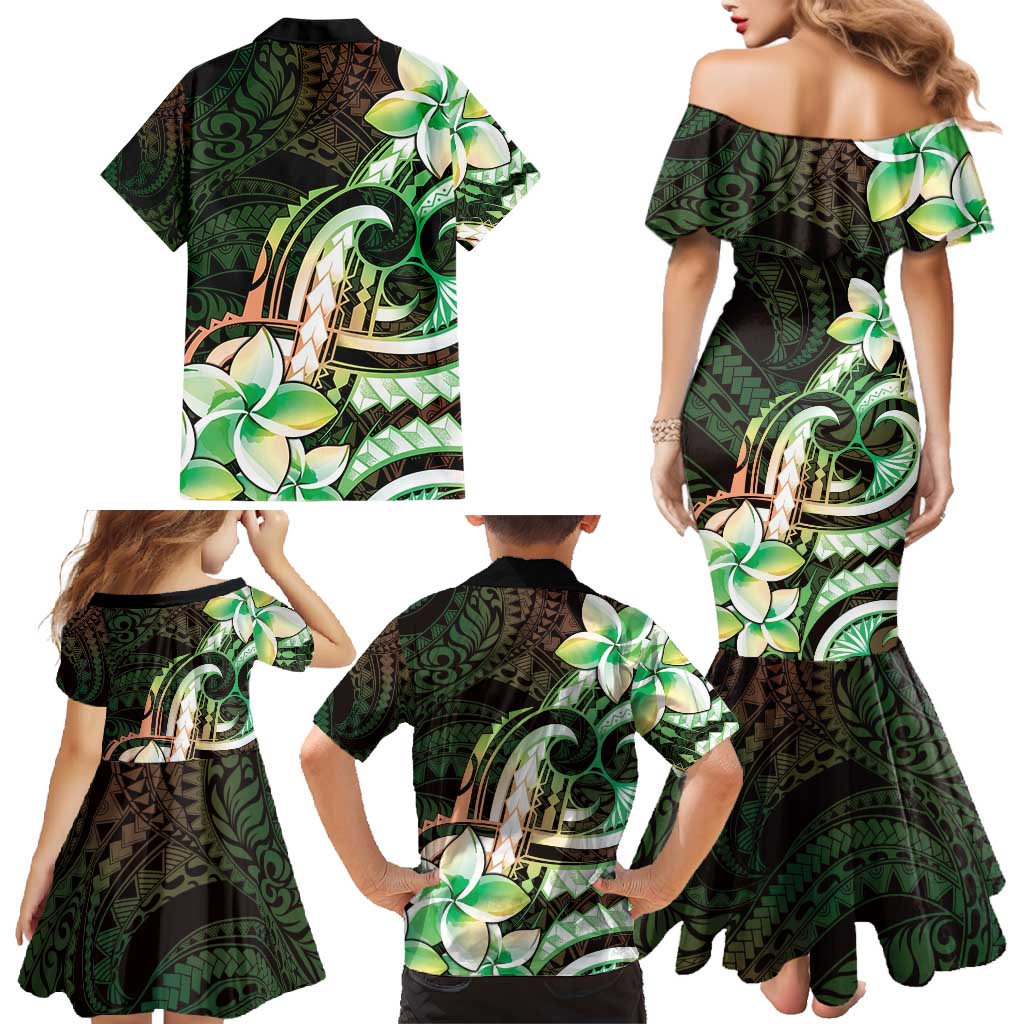 Polynesian Art Tattoo Family Matching Mermaid Dress and Hawaiian Shirt Plumeria Flowers Green Gradient LT05 - Polynesian Pride