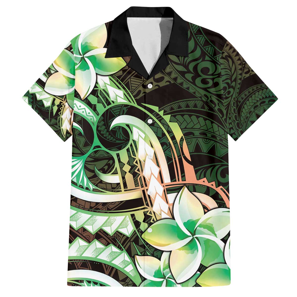 Polynesian Art Tattoo Family Matching Off The Shoulder Long Sleeve Dress and Hawaiian Shirt Plumeria Flowers Green Gradient LT05 Dad's Shirt - Short Sleeve Green - Polynesian Pride