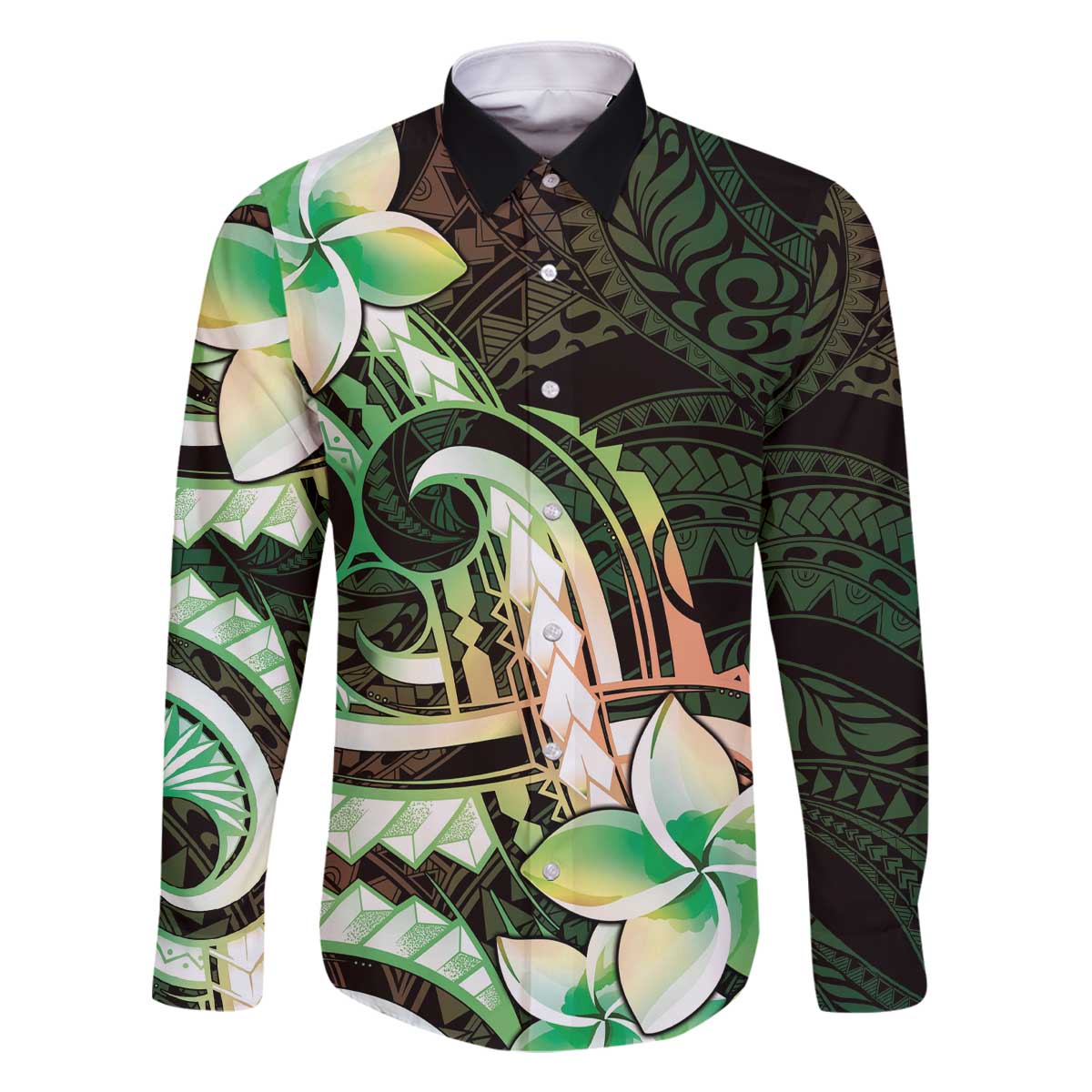 Polynesian Art Tattoo Family Matching Off The Shoulder Long Sleeve Dress and Hawaiian Shirt Plumeria Flowers Green Gradient LT05 Dad's Shirt - Long Sleeve Green - Polynesian Pride