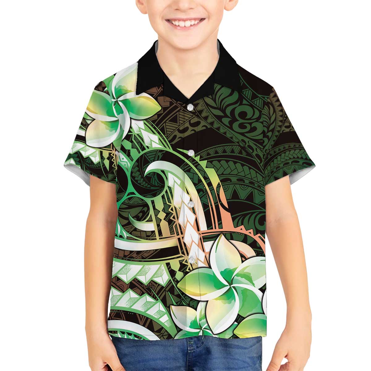 Polynesian Art Tattoo Family Matching Off The Shoulder Long Sleeve Dress and Hawaiian Shirt Plumeria Flowers Green Gradient LT05 Son's Shirt Green - Polynesian Pride