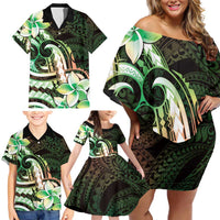 Polynesian Art Tattoo Family Matching Off Shoulder Short Dress and Hawaiian Shirt Plumeria Flowers Green Gradient