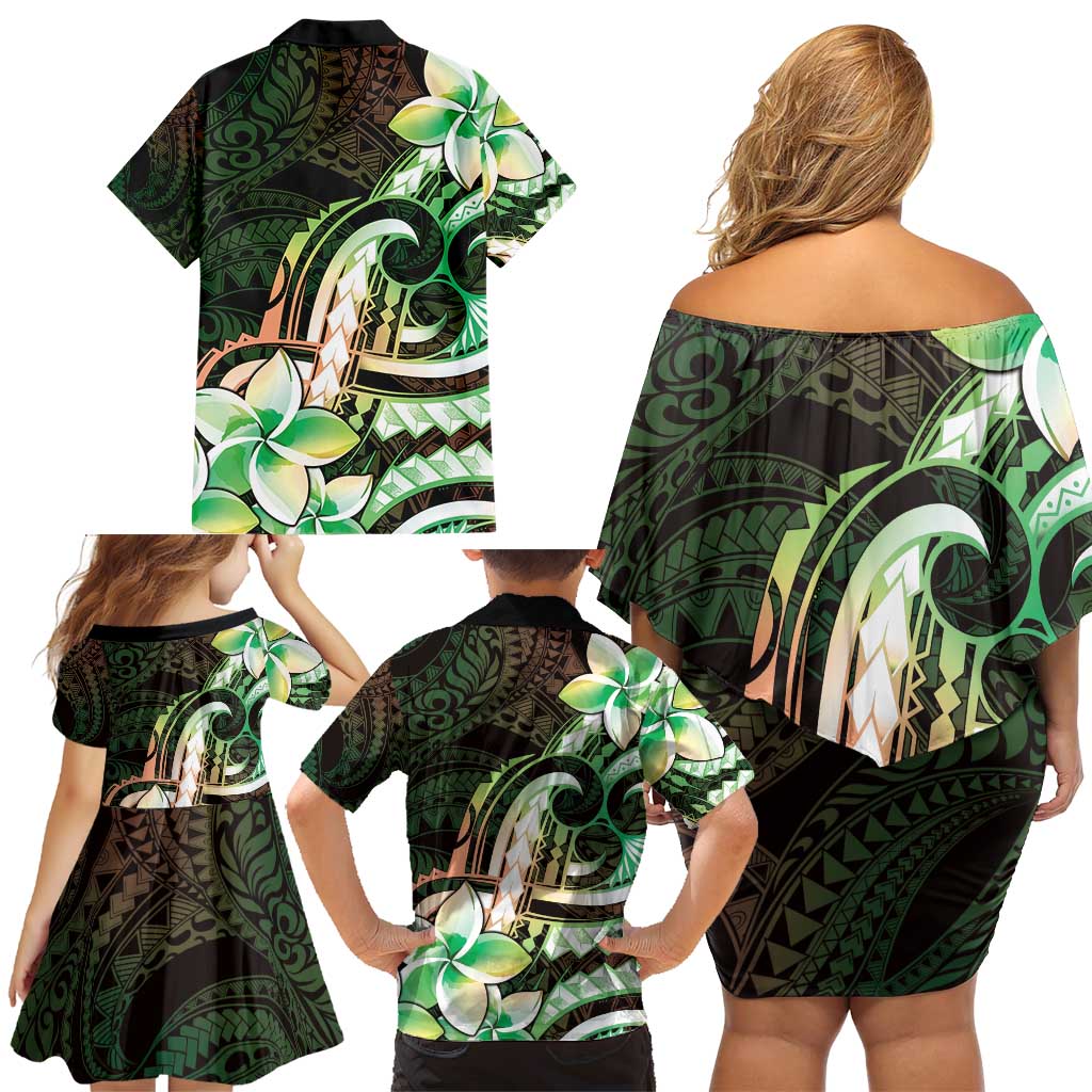 Polynesian Art Tattoo Family Matching Off Shoulder Short Dress and Hawaiian Shirt Plumeria Flowers Green Gradient