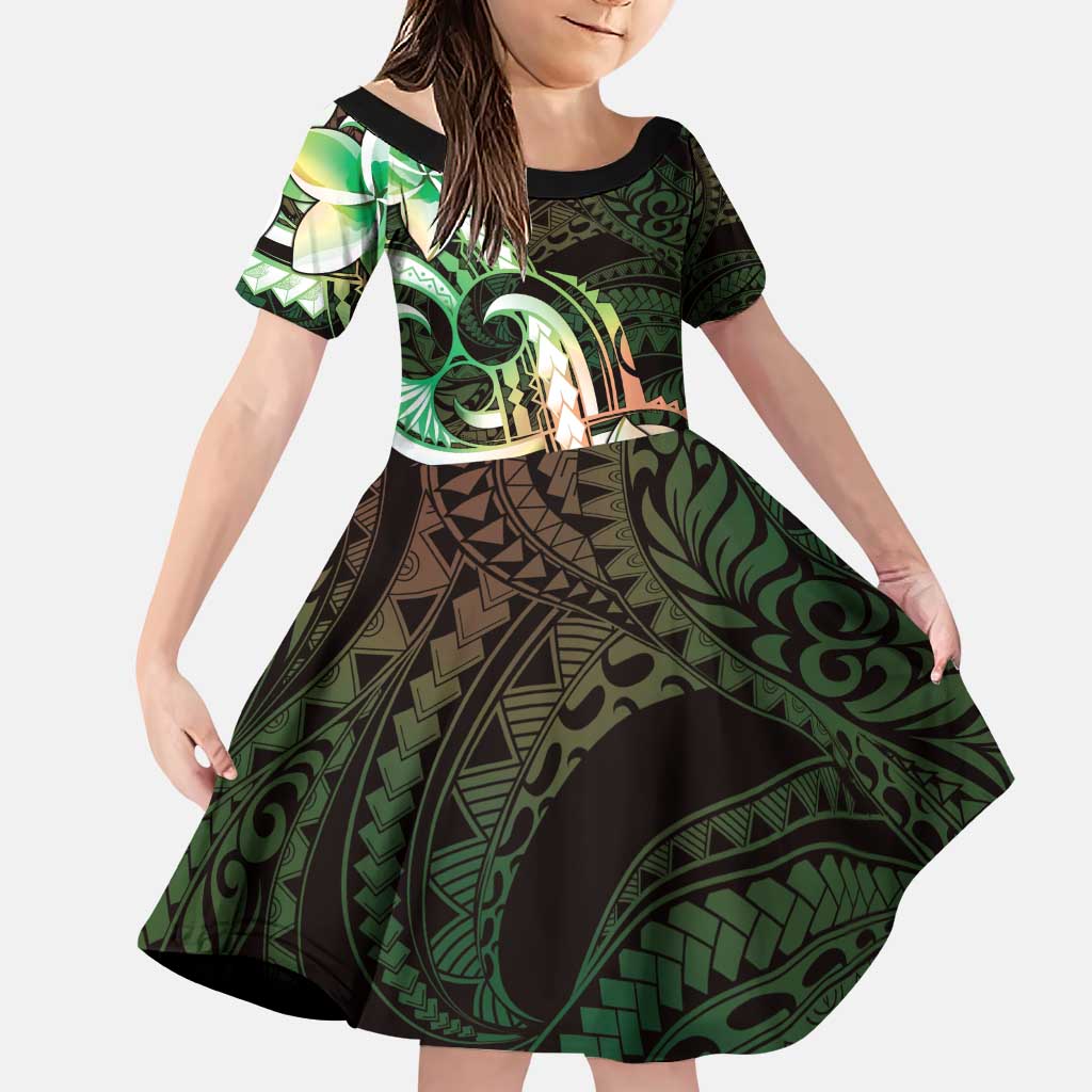 Polynesian Art Tattoo Family Matching Puletasi and Hawaiian Shirt Plumeria Flowers Green Gradient LT05 Daughter's Dress Green - Polynesian Pride