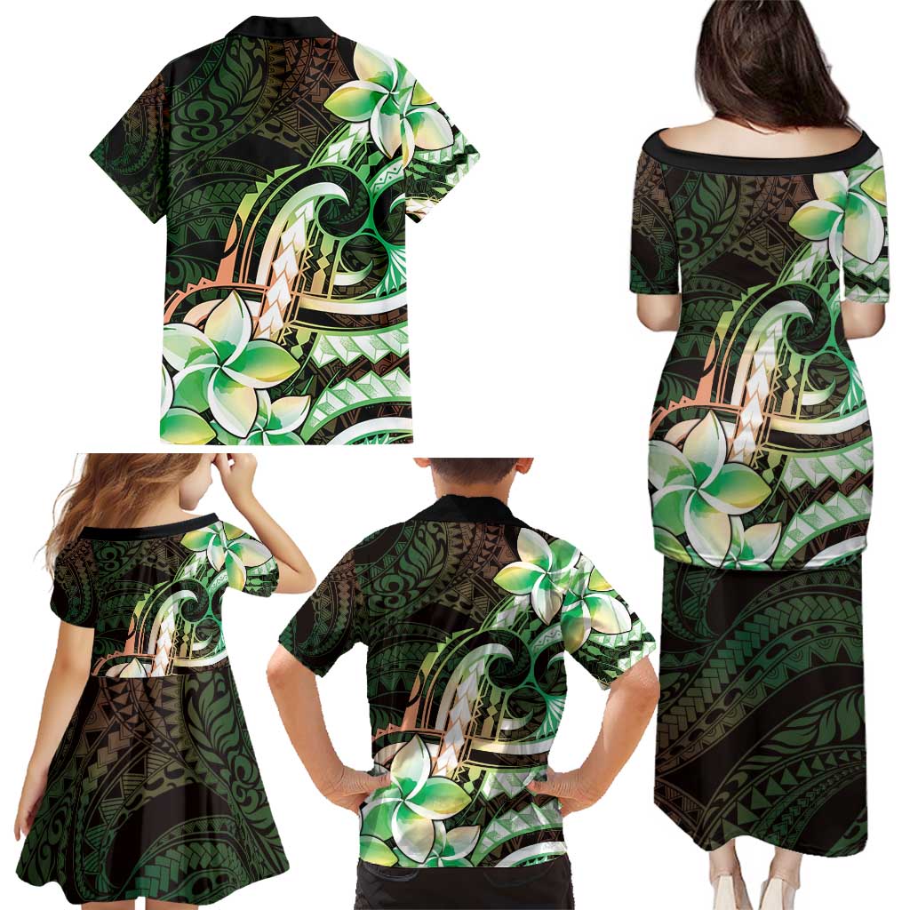 Polynesian Art Tattoo Family Matching Puletasi and Hawaiian Shirt Plumeria Flowers Green Gradient LT05 - Polynesian Pride