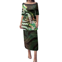 Polynesian Art Tattoo Family Matching Puletasi and Hawaiian Shirt Plumeria Flowers Green Gradient LT05 Mom's Dress Green - Polynesian Pride