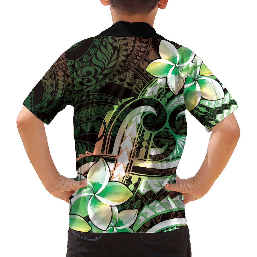 Polynesian Art Tattoo Family Matching Short Sleeve Bodycon Dress and Hawaiian Shirt Plumeria Flowers Green Gradient LT05 - Polynesian Pride