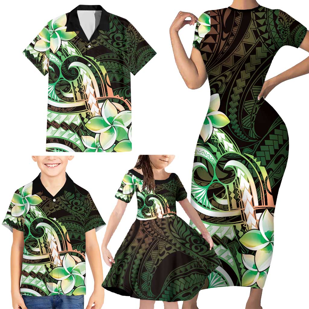 Polynesian Art Tattoo Family Matching Short Sleeve Bodycon Dress and Hawaiian Shirt Plumeria Flowers Green Gradient LT05 - Polynesian Pride