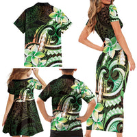 Polynesian Art Tattoo Family Matching Short Sleeve Bodycon Dress and Hawaiian Shirt Plumeria Flowers Green Gradient LT05 - Polynesian Pride