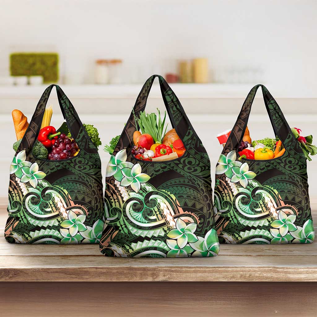 Polynesian Art Tattoo Grocery Bag Plumeria Flowers Green Gradient