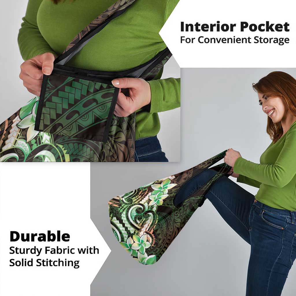 Polynesian Art Tattoo Grocery Bag Plumeria Flowers Green Gradient