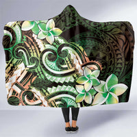 Polynesian Art Tattoo Hooded Blanket Plumeria Flowers Green Gradient