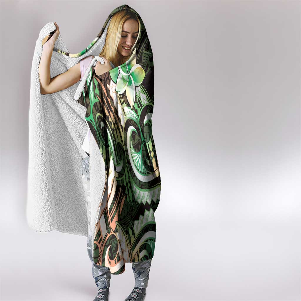 Polynesian Art Tattoo Hooded Blanket Plumeria Flowers Green Gradient