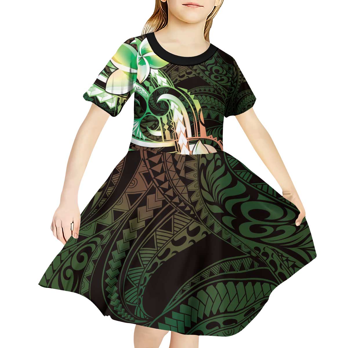 Polynesian Art Tattoo Kid Short Sleeve Dress Plumeria Flowers Green Gradient
