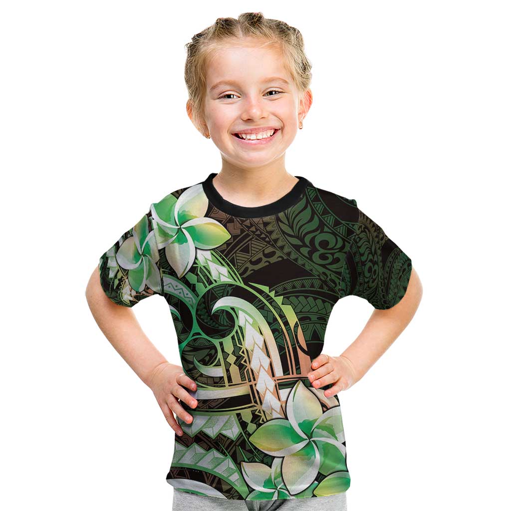Polynesian Art Tattoo Kid T Shirt Plumeria Flowers Green Gradient